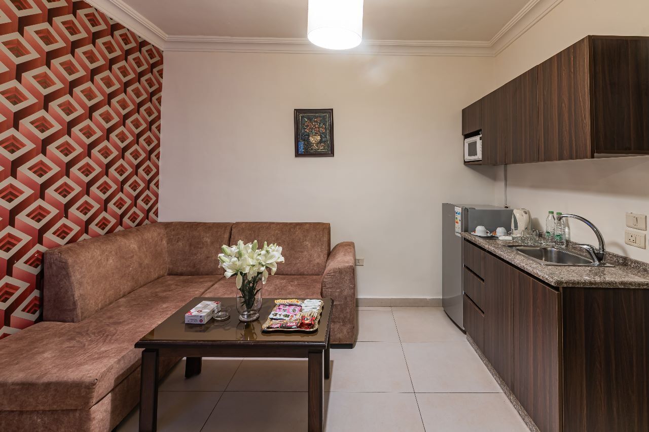 Un espacio habitable compacto con sofá, una mesita de centro con un florero, área de cocina con microondas y pared con diseño.
