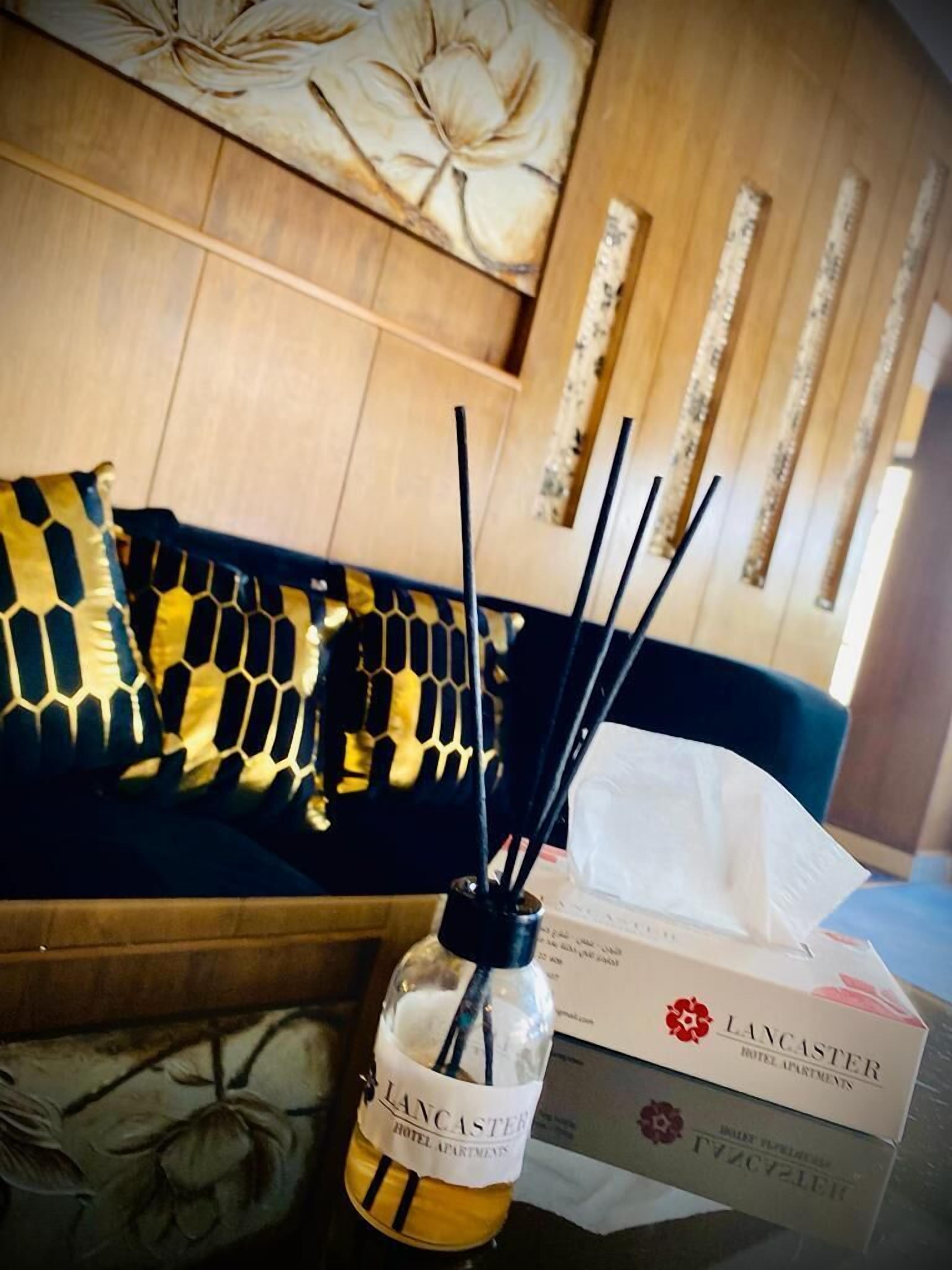 Habitación de hotel con sofá, almohadones decorativos, un difusor de aroma de Lancaster Hotel Apartments y una caja de pañuelos.