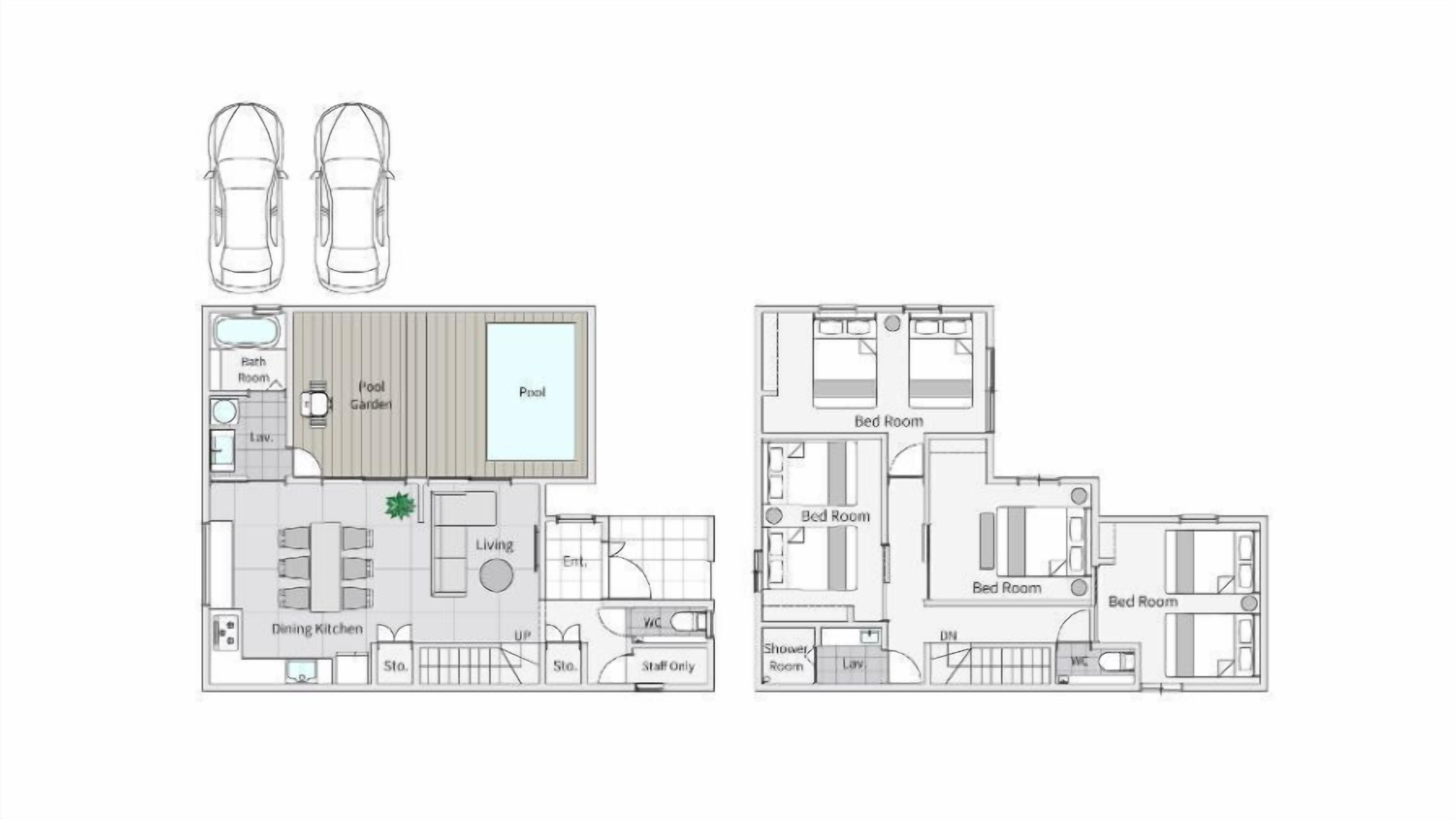 A floor plan of a hotel with a pool, two bedrooms, a living area, a dining kitchen, and a staff-only area.
