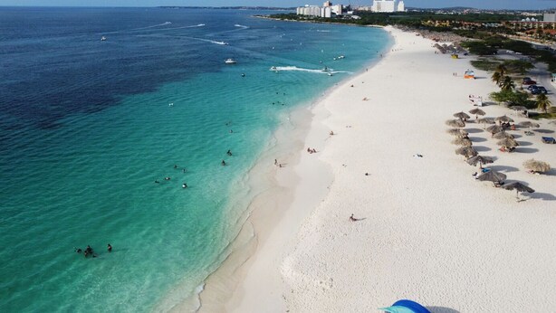 A beach with clear turquoise water, white sand, and a few umbrellas. - New LUXE Townhouse 5 min walk Ritz/Palm Beach #15 (Noord)