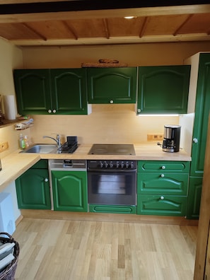 Une cuisine avec des meubles de couleur verte, une cuisinière Bosch, un lave-vaisselle Siemens et une machine à café.
