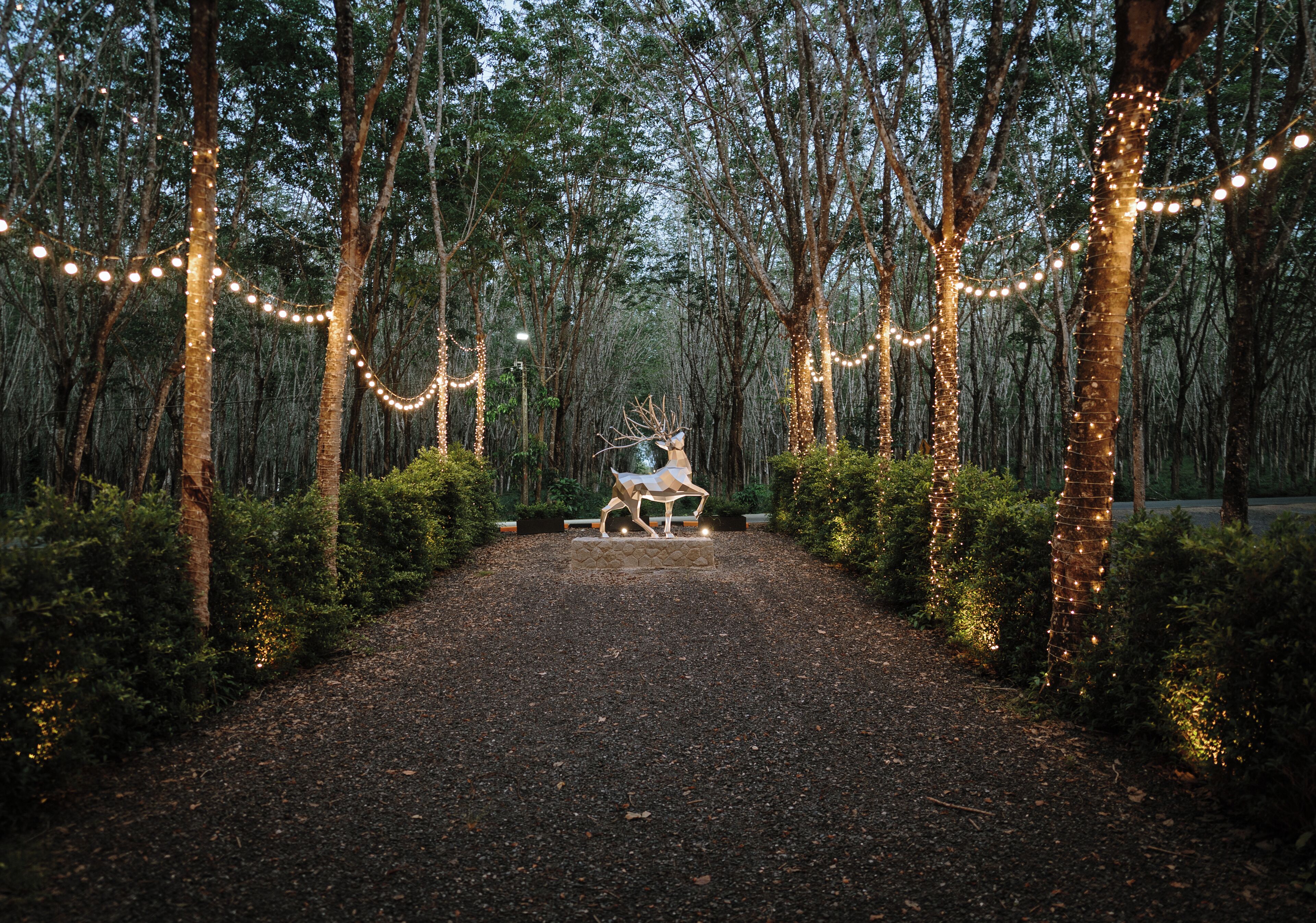 Un sendero en el bosque con luces de cuerda y una escultura de ciervo.