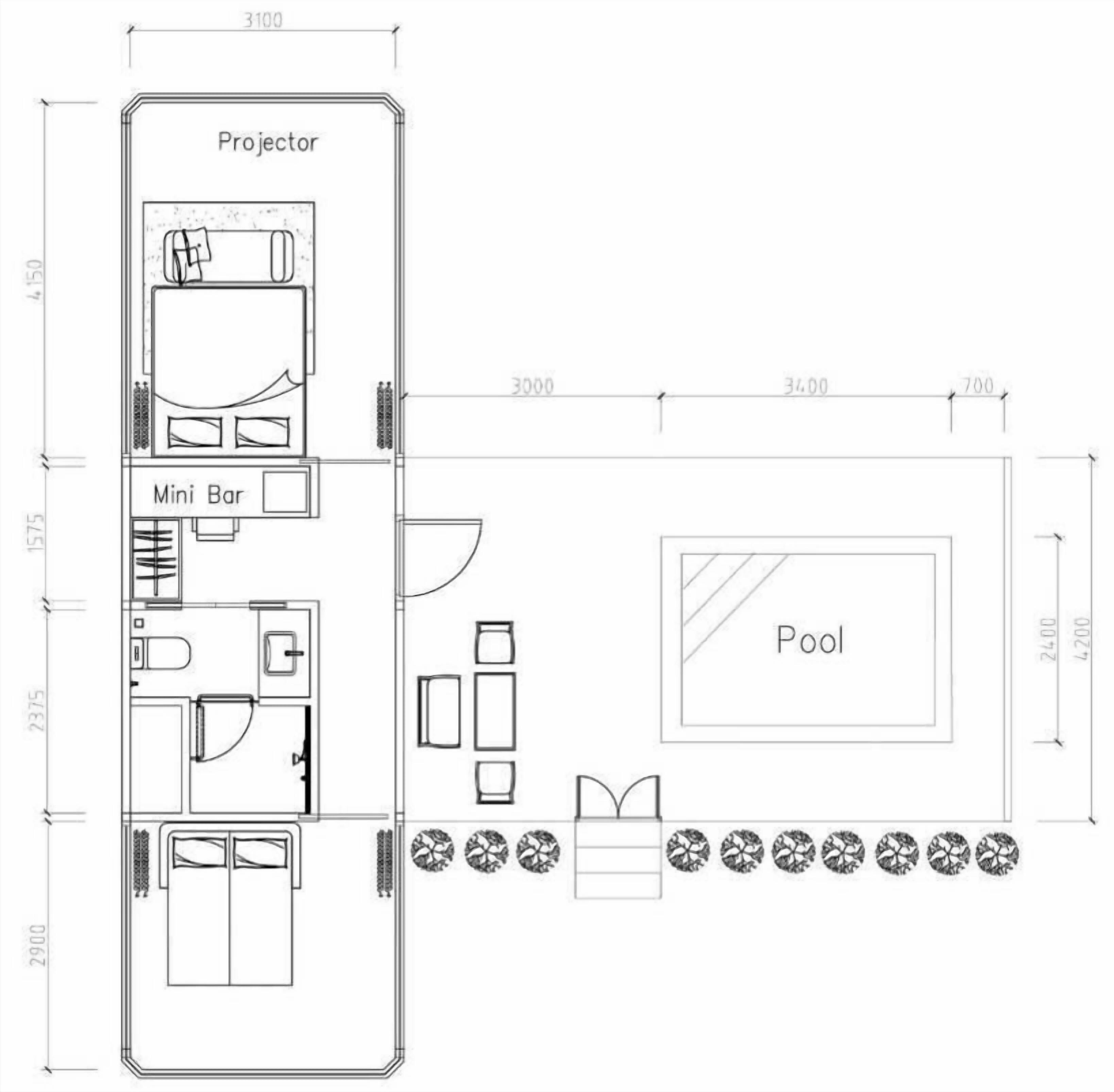 Plano de una habitación de hotel con proyector, minibar, kitchenette y zona de piscina.