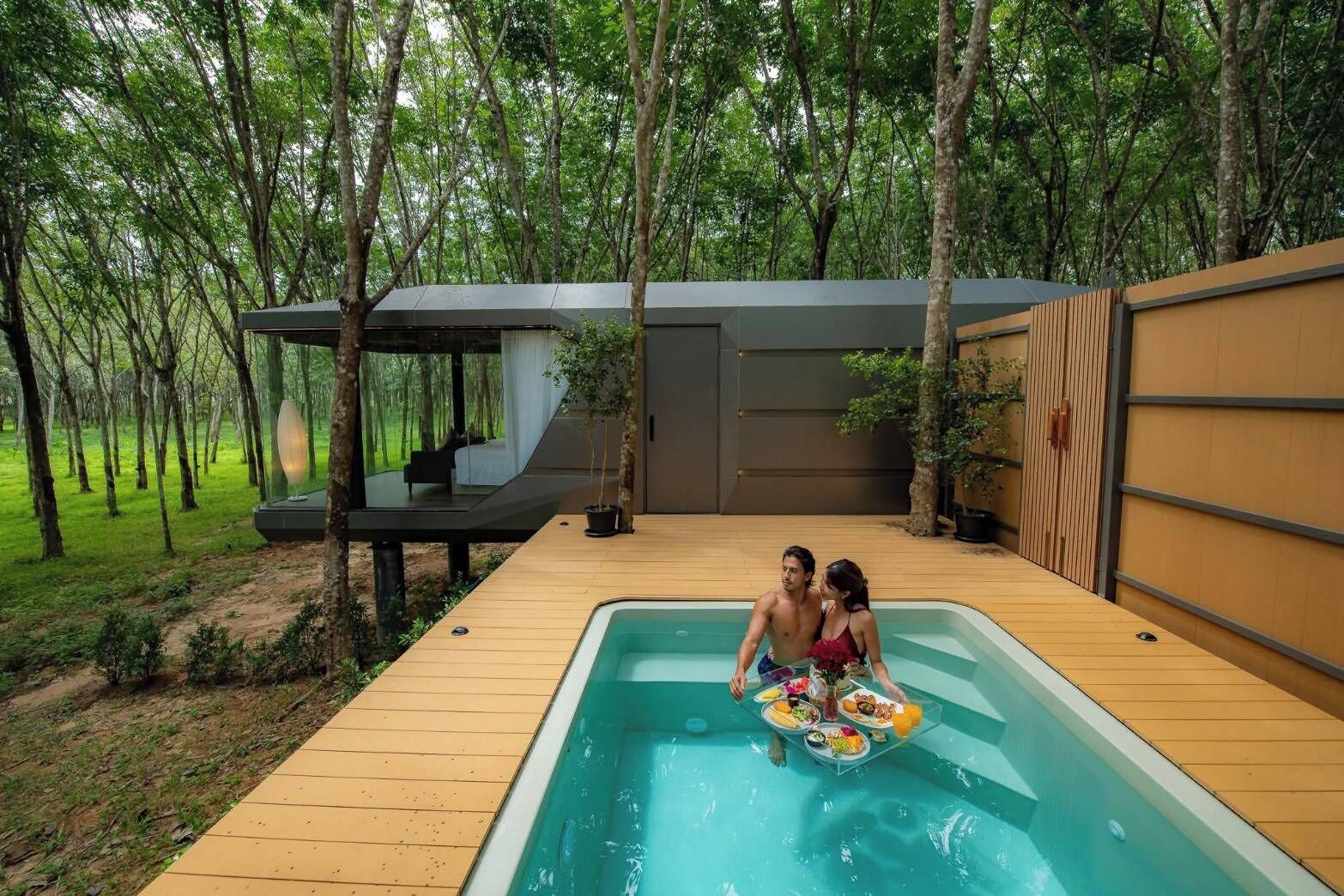 A modern outdoor pool area with a wooden deck, surrounded by trees.