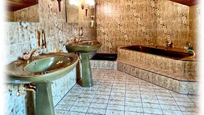 Un baño con dos lavamanos, una bañera y una ducha.