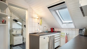 Una cocina compacta con tragaluz, un lavamanos, un tostador y un refrigerador pequeño.