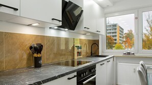 A modern kitchen with a black countertop, white cabinets, and a window with a view of buildings and trees. - Apartment 'Neuburg 7 - New' with Balcony and Wi-Fi (Neuburg an der Donau)