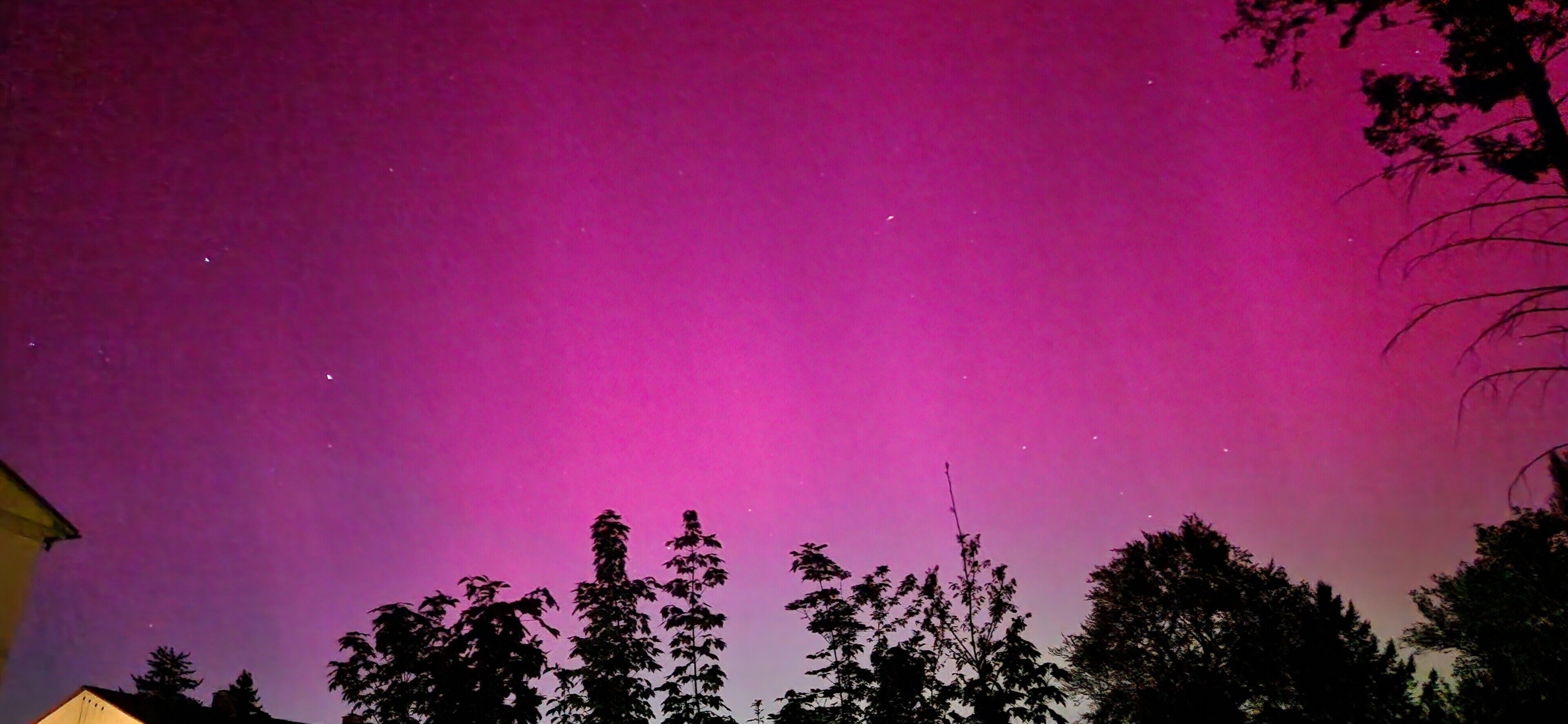 Cielo nocturno de tonalidad púrpura, siluetas de árboles y un edificio en primer plano.