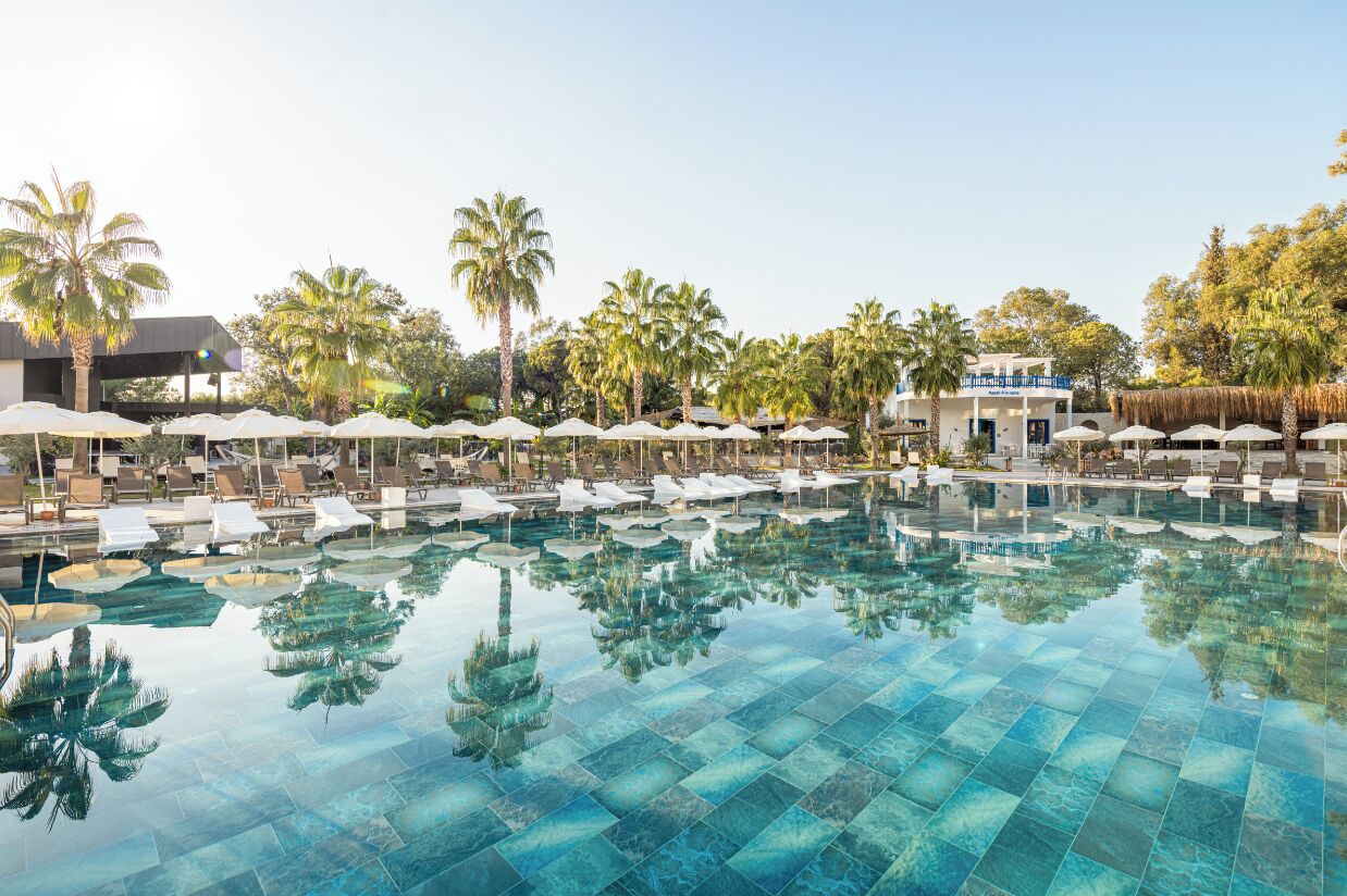 A large, clear pool with lounge chairs and umbrellas, surrounded by palm trees and buildings.