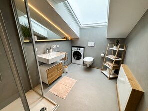 Shower, hair dryer, towels