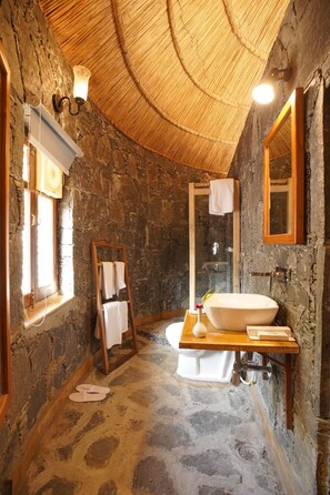 Shower, free toiletries, towels, soap