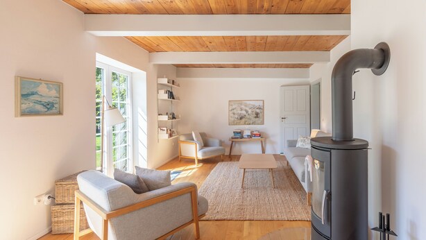 Ein modernes Wohnzimmer mit Sofa, Couchtisch, Kamin und Bücherregal.