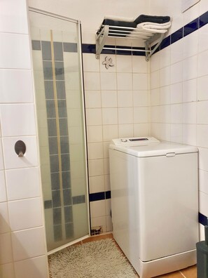 Hair dryer, towels, toilet paper