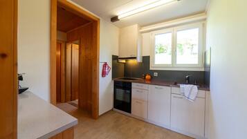 A compact kitchen with wooden cabinets, a built-in oven, and a window with a view of greenery.
