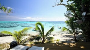 A beach view with clear turquoise water, palm trees, and a wooden deck with lounge chairs.