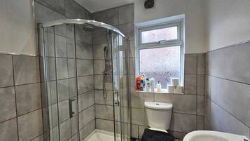 Hair dryer, towels, soap, shampoo