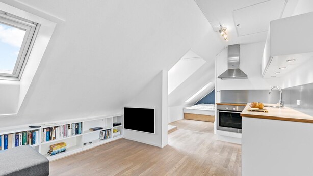 A modern loft apartment with a kitchen, dining area, and a built-in bookshelf.