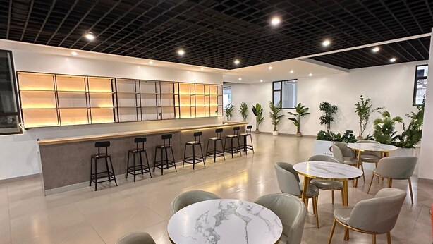 A modern interior with a bar area, seating, and potted plants. - Benedictions Homes (Nairobi)