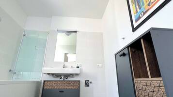 Shower, hair dryer, towels