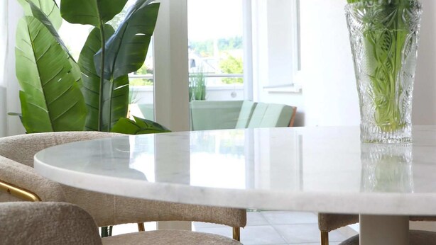 A modern dining area with a round table, comfortable chairs, and a vase of green plants. - 1 Zimmer Apartment mit Blick auf die Stadt (Gmunden)
