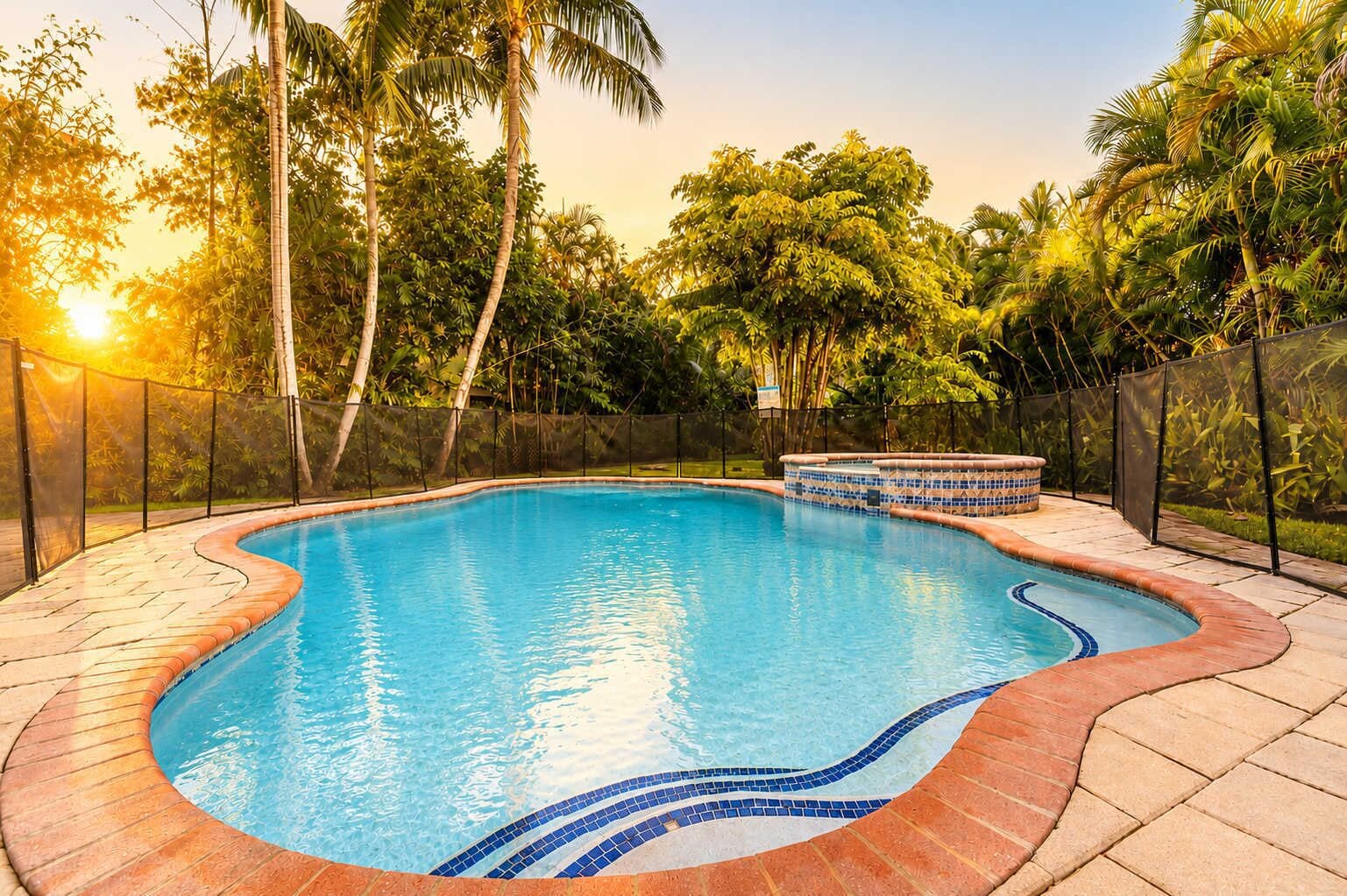 A swimming pool with a curved edge, surrounded by a brick deck and a metal fence.