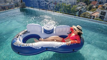 Outdoor pool, pool umbrellas, pool loungers