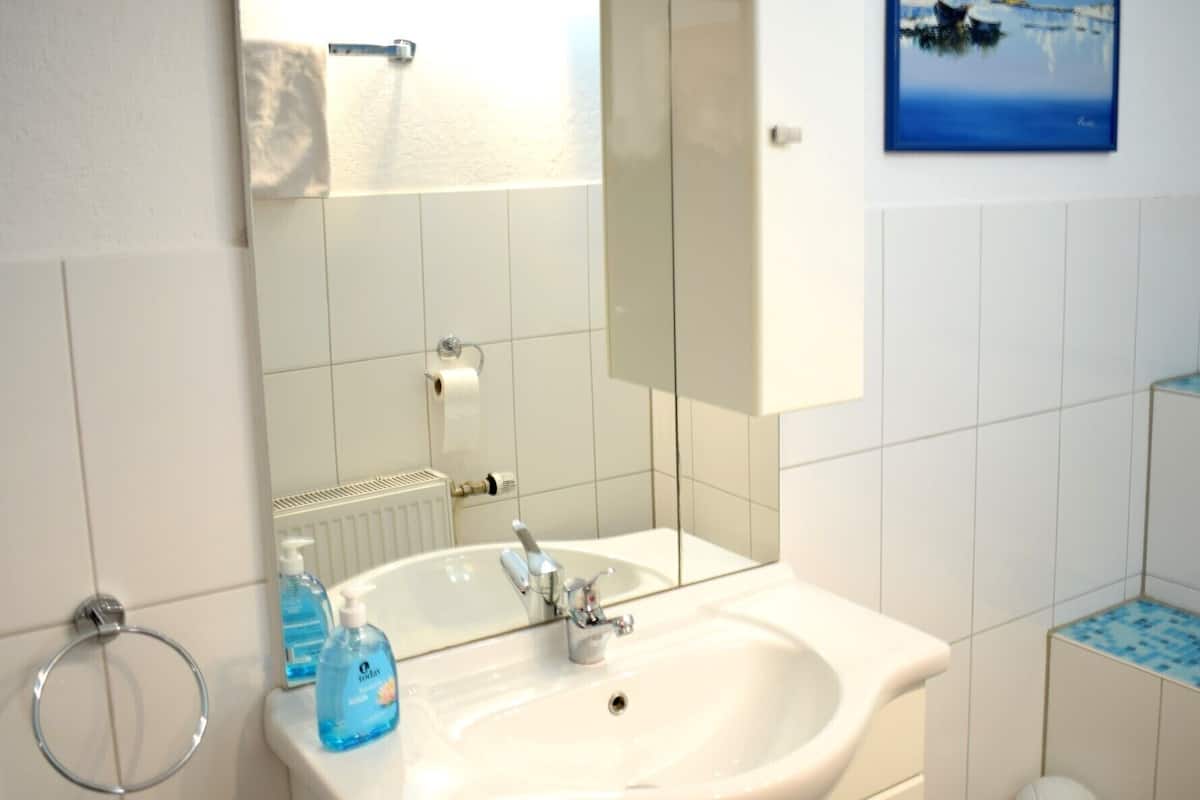 A bathroom with a white sink, a mirror, a toilet, and a blue-tiled shower area.