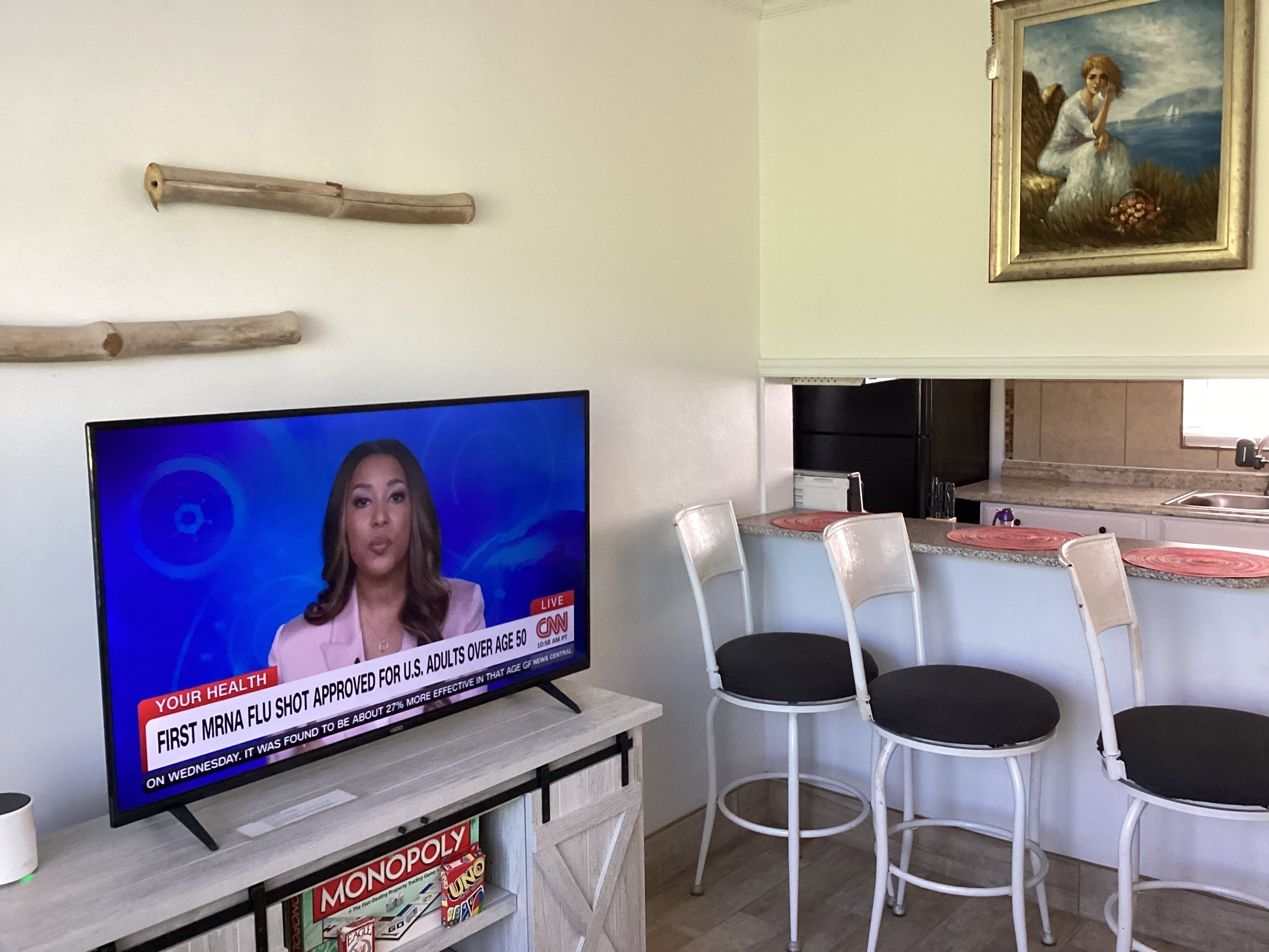 Una televisione che mostra un notiziario, una zona pranzo con sedie, un angolo cottura e un quadro appeso al muro.
