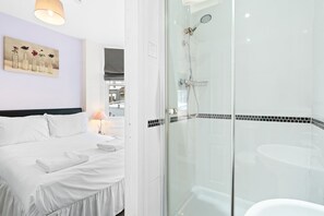 Shower, hair dryer, shampoo