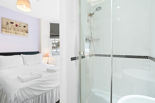 Shower, hair dryer, shampoo