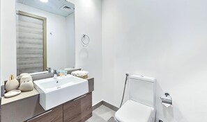 Shower, hair dryer, towels