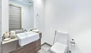 Shower, hair dryer, shampoo