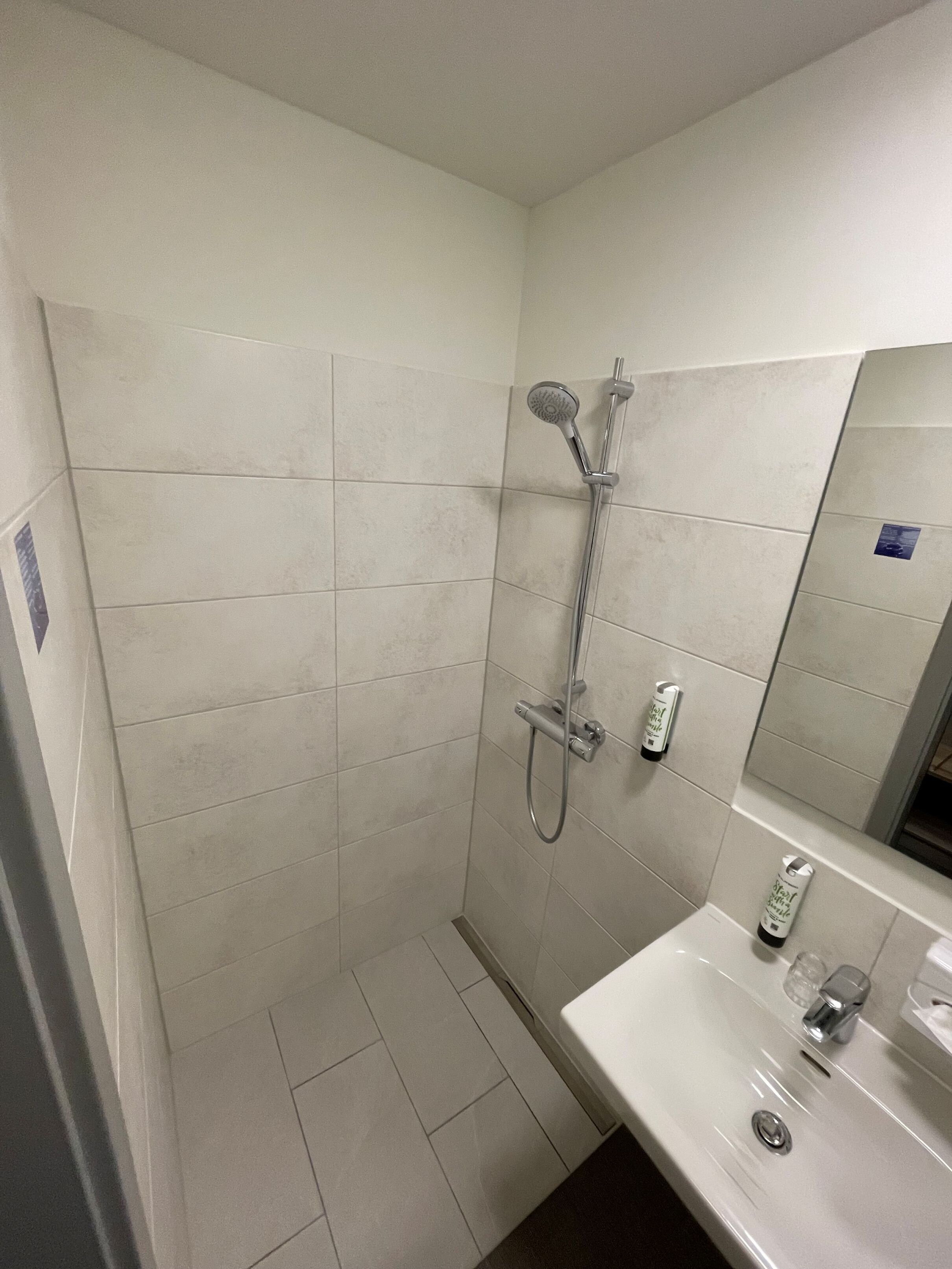 Une salle de bain avec une douche, un lavabo et un miroir.