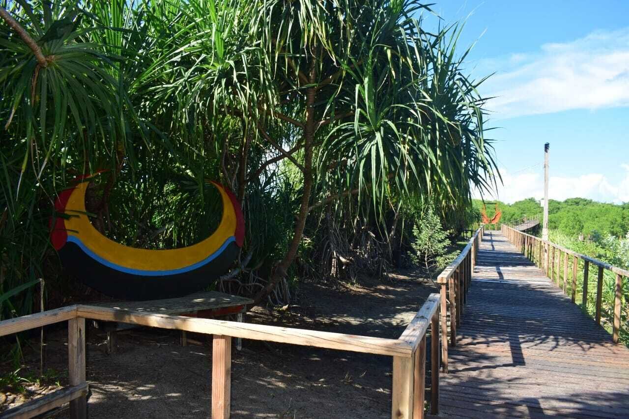 A wooden boardwalk with a colorful sculpture and dense greenery.