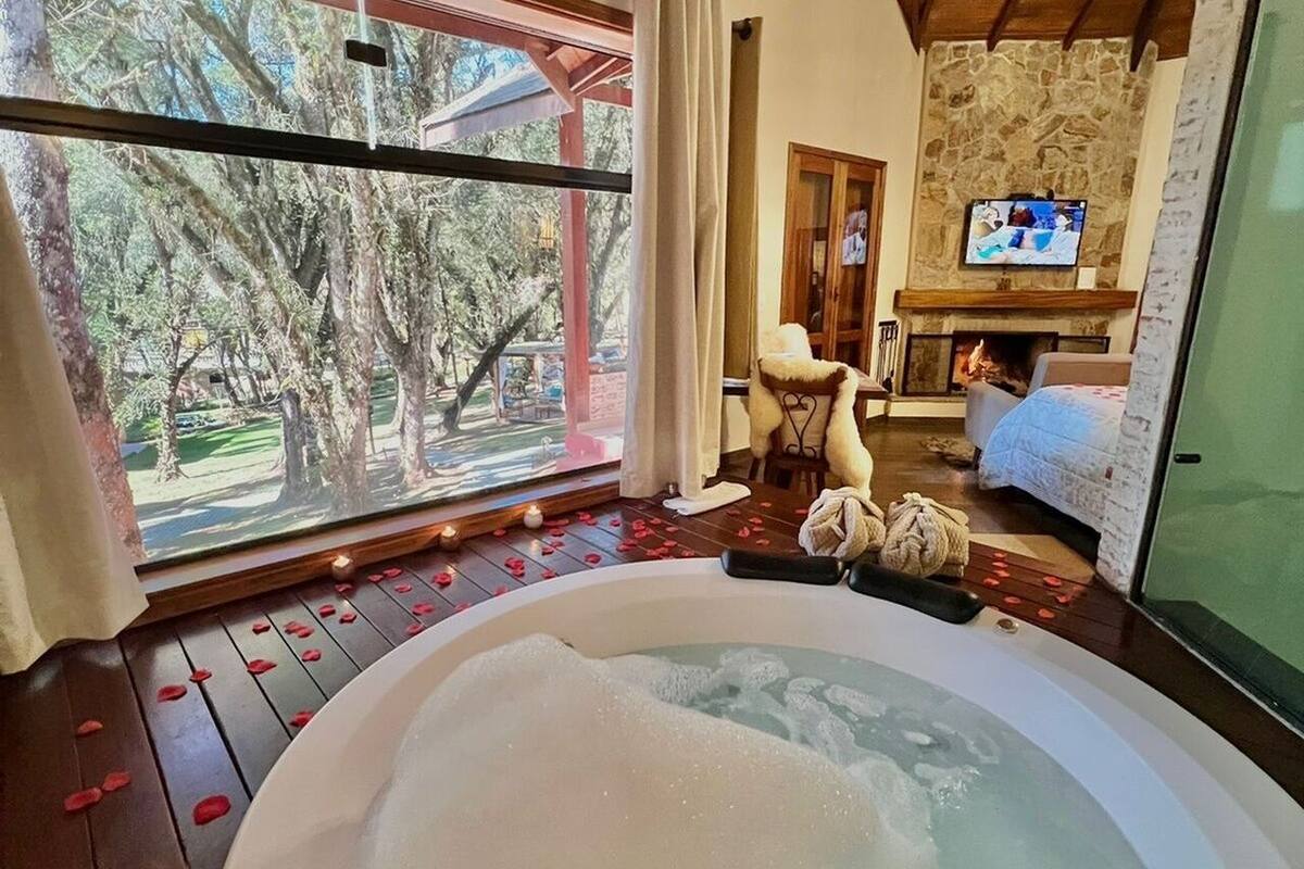 Une pièce dotée d’une grande fenêtre, d’un jacuzzi, d’une cheminée et d’un téléviseur.