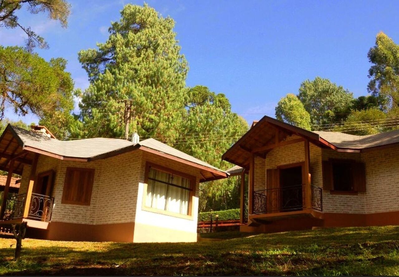 Two small, single-story cabins with sloped roofs, surrounded by a grassy area and tall trees.