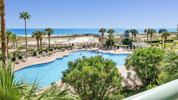 Zona de piscina con vista a la playa y al océano, rodeada de palmeras y sillas de descanso.