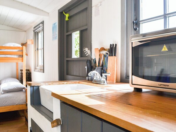 A bunk bed, a sink with a faucet, a microwave, and a window with a view of greenery.