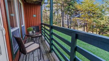 A wooden deck with a table and chairs, overlooking a forested area.