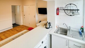 Cocina compacta con lavadora, un lavamanos y un televisor de pantalla plana montado en la pared.