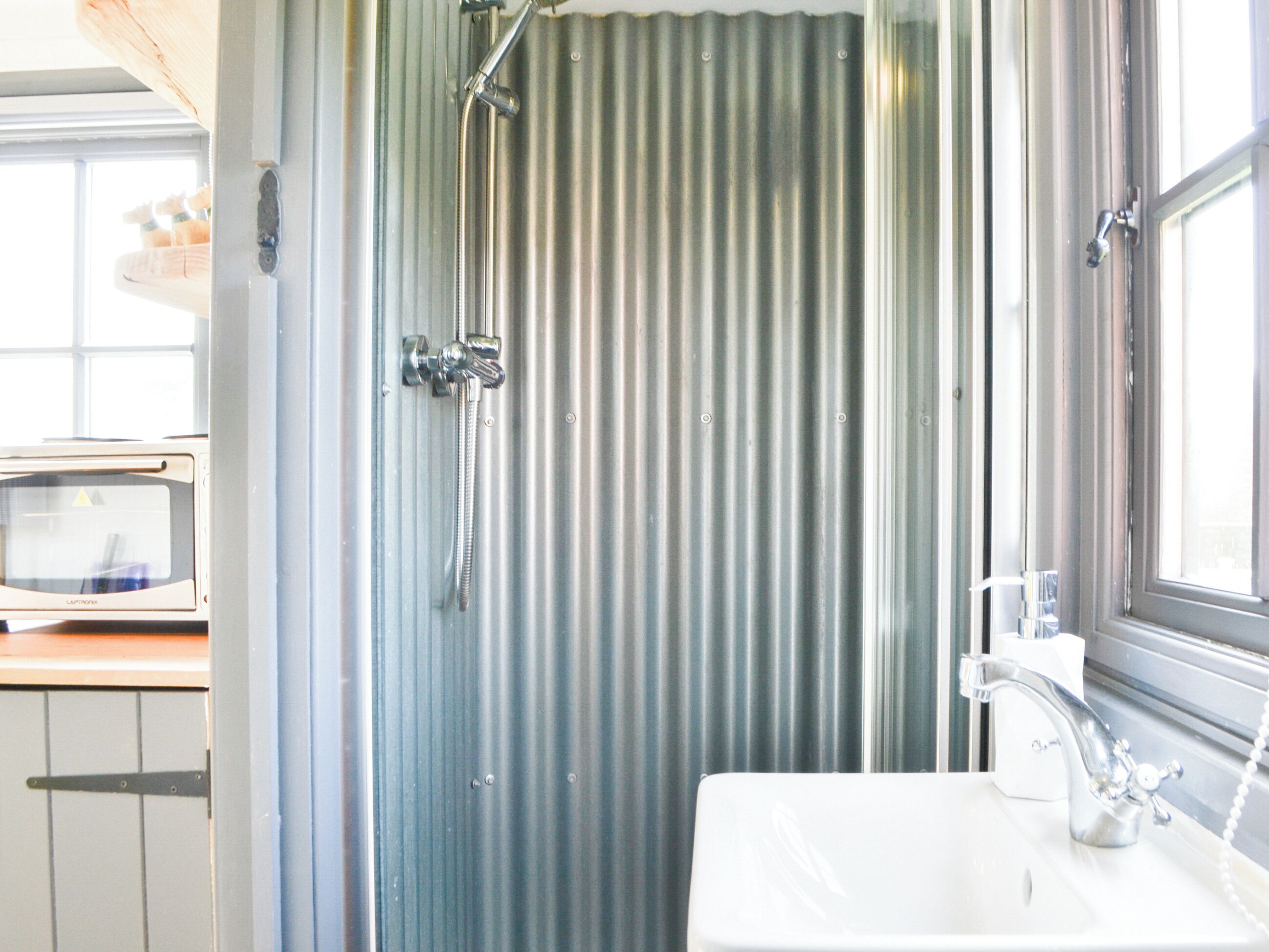A compact bathroom with a shower, a sink, and a microwave.