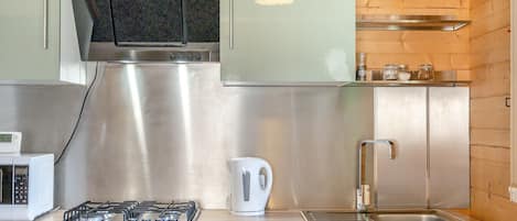 A modern kitchen with stainless steel appliances, wooden paneling, and a built-in dishwasher.