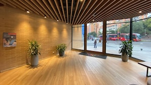 Un intérieur moderne avec un plancher en bois, de grandes fenêtres et des plantes en pot.
