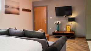 Un dormitorio moderno con cama, sofá, televisor y suelo de madera.