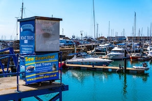 A marina with boats docked, a signboard advertising Sea Searcher boat trips, and a website URL. - Cute Cosy Cottage | Ramsgate Historic Area | 2bd (Kent)