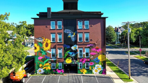 Un edificio con un mural de pájaros y flores en su fachada.