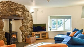 Una sala de estar con pared de piedra, chimenea, televisor, sofá y ventana.