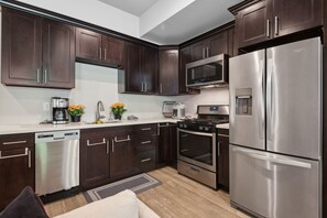 Fridge, microwave, oven, dishwasher