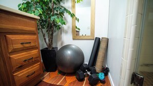 A wooden cabinet, a large exercise ball, dumbbells, a yoga mat, a potted plant, and a mirror on the wall. - Private Studio Suite (Lakeland)