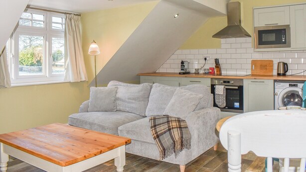 A cozy living room with a grey sofa, a wooden coffee table, and a dining table. A kitchen with a microwave, oven, and sink is visible in the background.